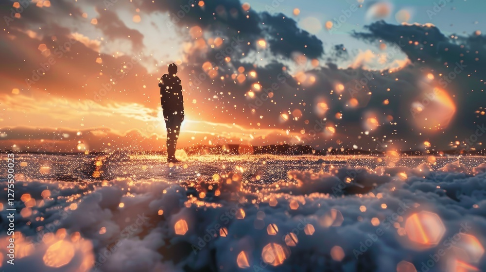 Poster silhouette of a person standing on a snowy ground during a sunset with colorful clouds and shimmerin