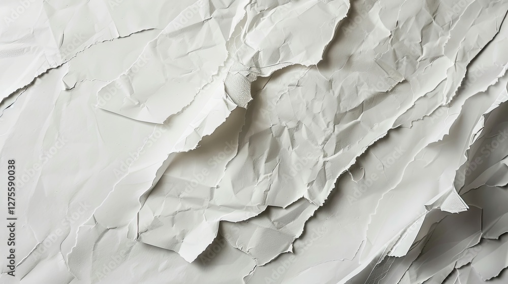 Fototapete Crumpled white paper texture showcasing soft shadows and highlights in varying shades of off-white, creating a serene and tranquil backdrop.