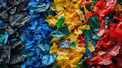 Colorful shredded plastic waste fragments in blue, green, red, yellow, and black arranged in layers showcasing recycling and ecological sustainability.