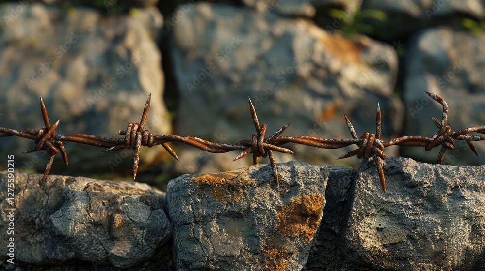 Poster rusty barbed wire fencing atop a rugged stone wall with earthy tones and a blurred background highli