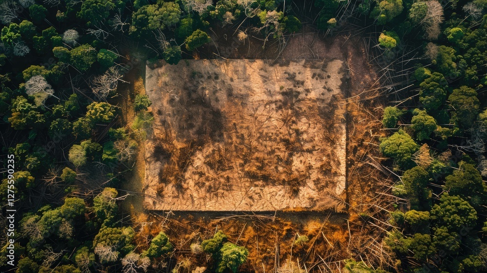 Poster aerial view of a deforested rectangular area surrounded by dense green trees showcasing the environm