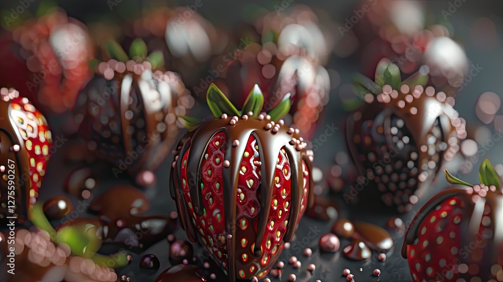 Poster chocolate covered strawberries artfully decorated with rich chocolate drizzles and colorful sprinkle