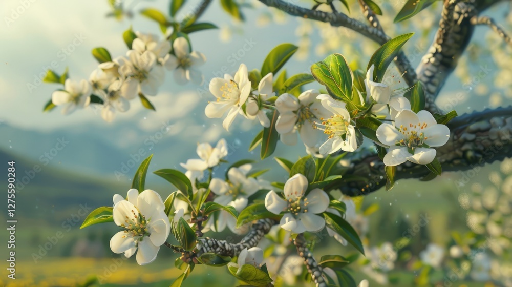 Poster blossoming apple tree branch with white flowers and green leaves in a serene landscape with soft lig