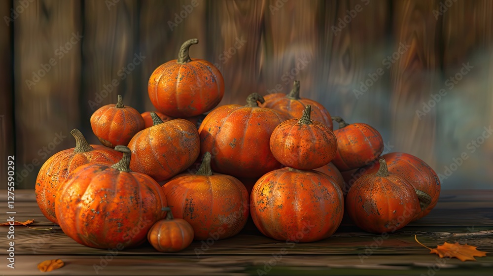 Poster autumn scene with a warm pile of orange pumpkins on a wooden surface surrounded by fallen leaves and