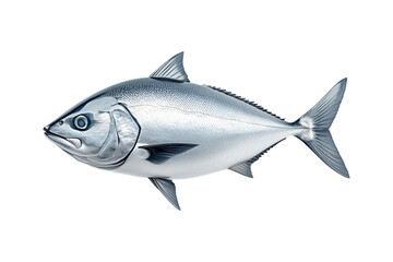 Fototapeta premium Closeup of a silver tuna fish with smooth scales, sharp fins and a sleek body isolated on white transparent background.