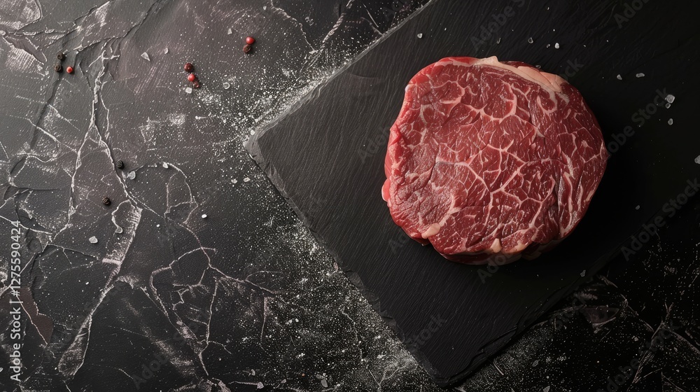 Poster close up of raw dry aged wagyu beef steak on a black slate board with marbling detail and scattered 