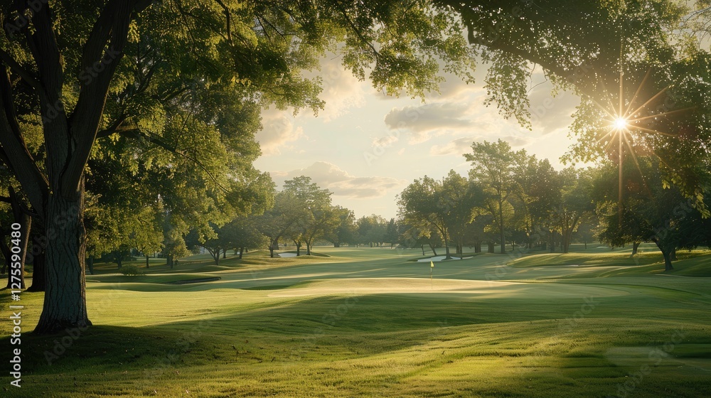 Poster serene golf course at sunset with lush green grass, framed by tall trees and soft sunlight filtering