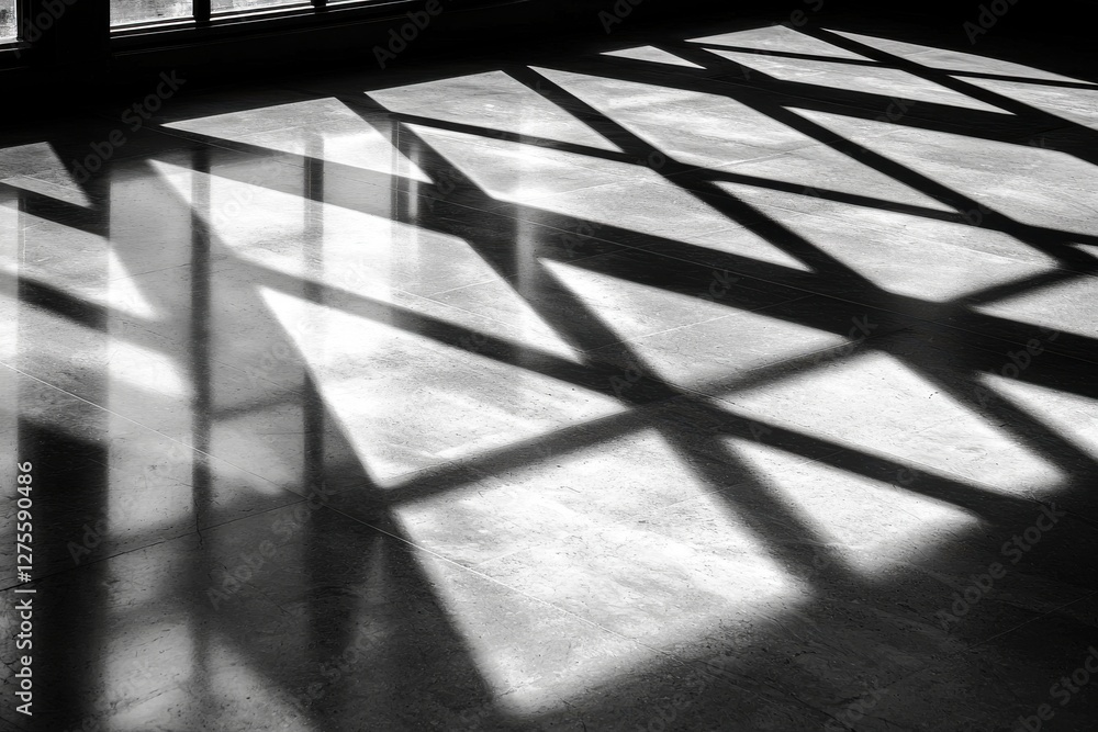Poster Abstract black and white photo showcasing the interplay of light and shadows cast by window frames on the floor, creating geometric patterns and a sense of depth.