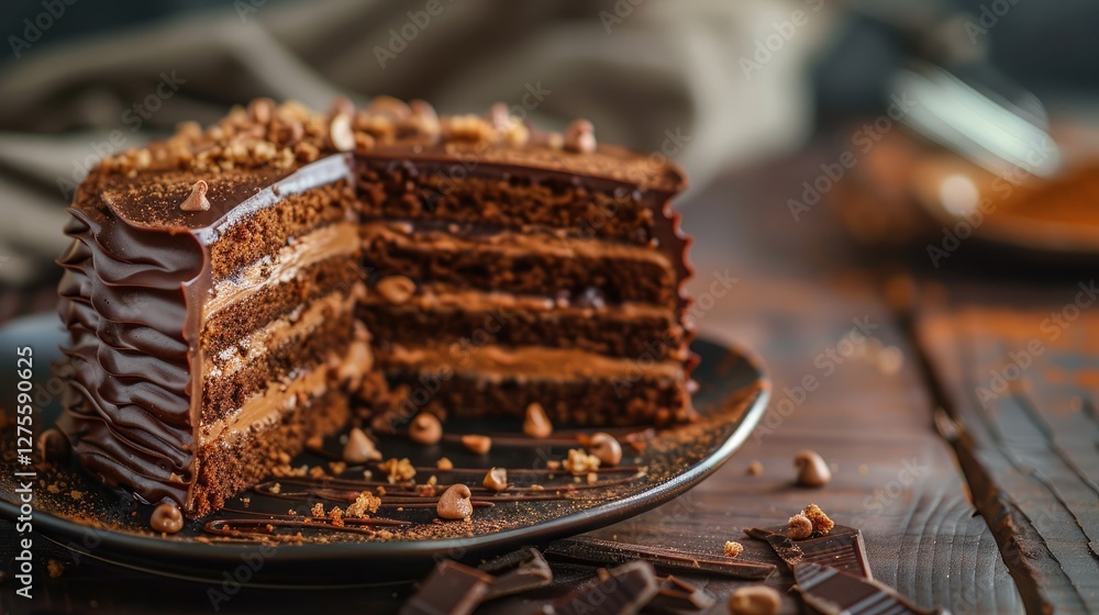 Poster delicious chocolate layer cake on a dark plate with brown layers and chocolate shavings against a so