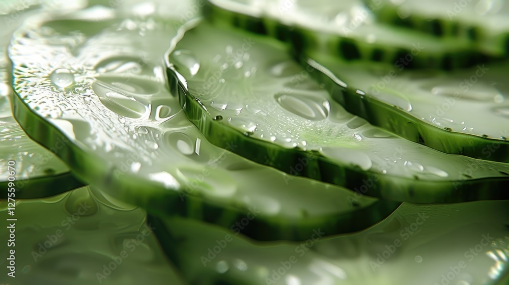 Aufkleber Fresh cucumber slices arranged closely with water droplets on a soft green background showcasing vibrant green hues and smooth textures.