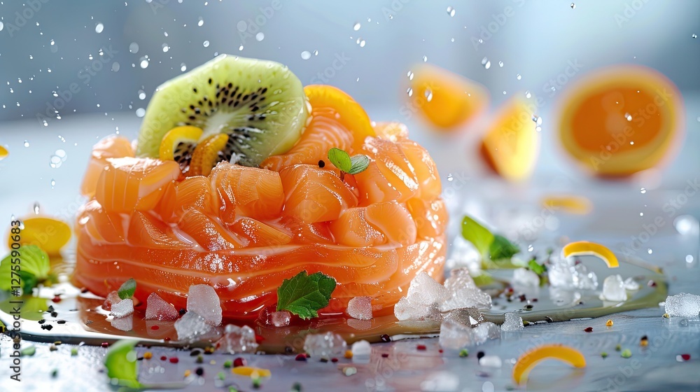 Poster fresh salmon tartare beautifully arranged with kiwi slices and orange segments on a cool backdrop, g