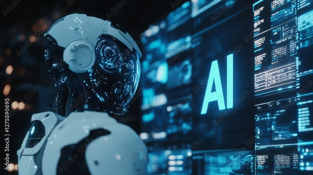 Poster a robot with a futuristic helmet is positioned slightly to the left of center, facing right. its des