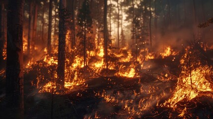 Fototapeta premium Dramatic forest fire scene with vibrant orange and red flames consuming dry trees in a smoky environment, surrounded by dark silhouettes of the forest.