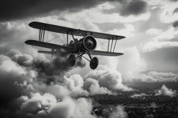 Dramatic black and white image of a vintage biplane flying through turbulent clouds above a textured landscape, symbolizing freedom, adventure, and nostalgic aviation.
