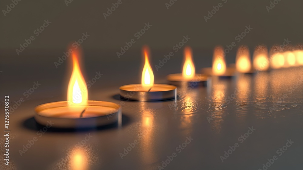 Aufkleber row of glowing tea light candles with the first candle in sharp focus, warm yellow flames contrastin