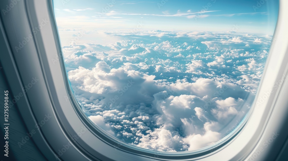 Aufkleber aerial view through airplane window showcasing thick white clouds and a blue sky with soft sunlight 