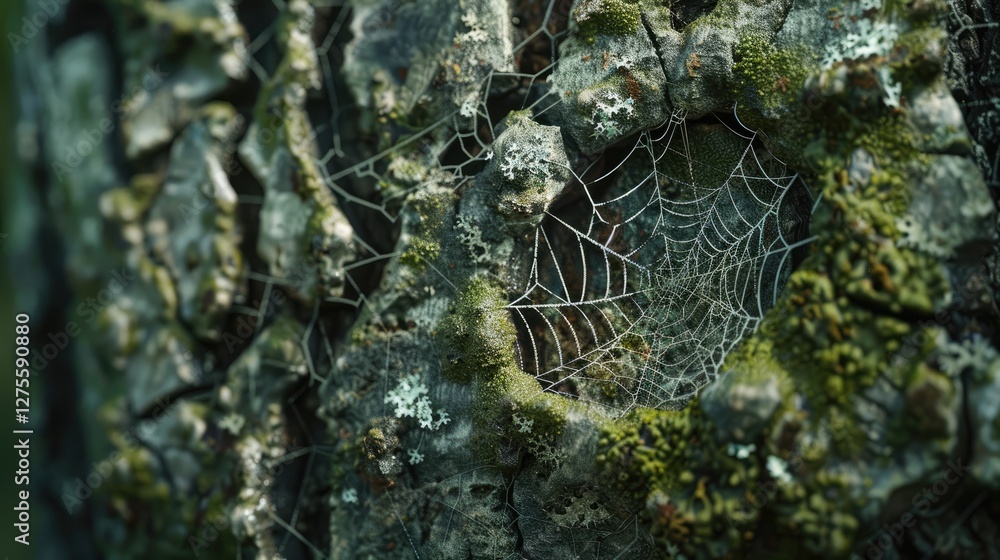 Poster close up of textured tree bark featuring green moss and delicate spider web with white lichen patche