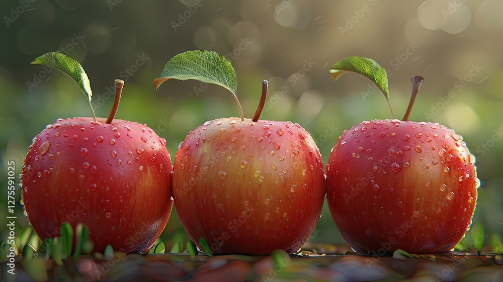 Poster fresh red apples with dew droplets glistening on their skin positioned in a row on a grassy backgrou