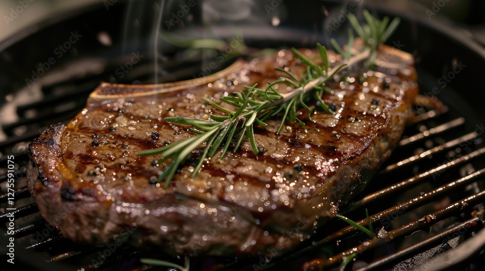 Aufkleber grilled t-bone steak garnished with fresh rosemary on a dark grill pan with sizzling butter highligh