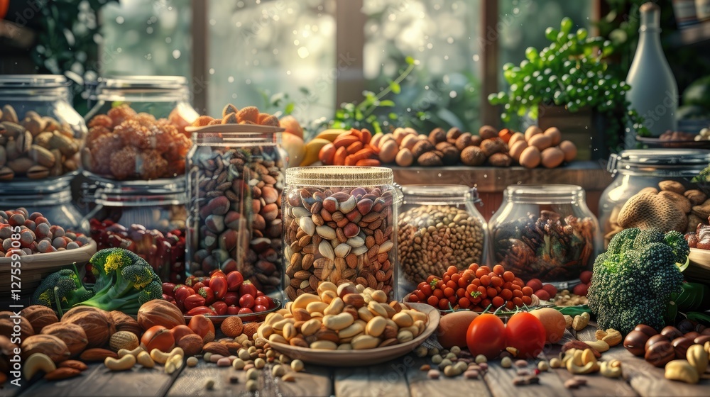 Poster assorted nuts and dried fruits in glass jars on a rustic wooden table surrounded by fresh tomatoes a