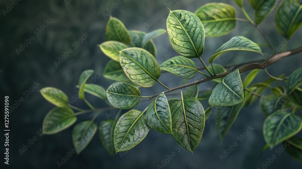 Aufkleber lush green leaves with intricate textures arranged in a curved branch, set against a soft blurred gr
