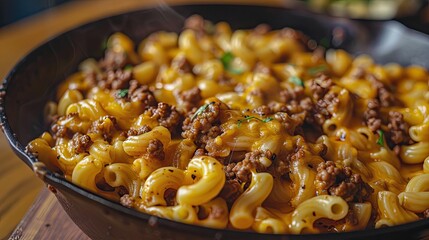 Cheeseburger macaroni skillet with curly pasta and browned ground beef in a black skillet, garnished with fresh herbs, warm and savory appearance.