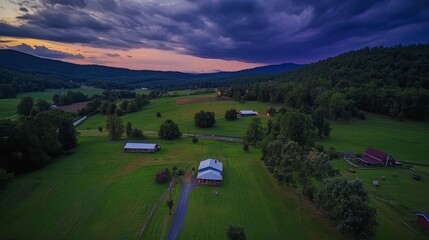 Stunning Aerial View of a Picturesque Rural Landscape at Sunset