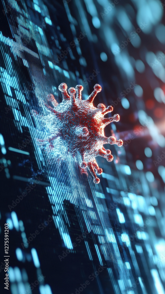 Aufkleber detailed visualization of virus mutation interacting with digital data, showcasing complexity of bio