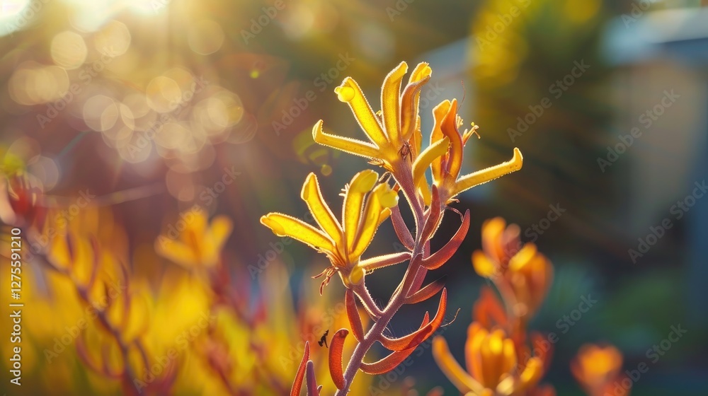 Poster vibrant yellow kangaroo paw flowers in sunny backyard with golden sunlight glowing in background and