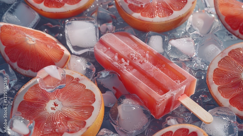 Aufkleber Refreshing red grapefruit popsicle surrounded by ice cubes and grapefruit slices on a cool surface with vibrant pink and orange hues.