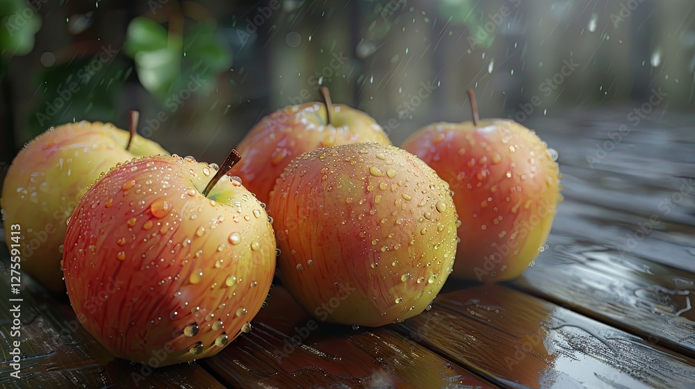 Poster freshly picked apples with droplets on their surface arranged on a wooden table, vibrant red and yel