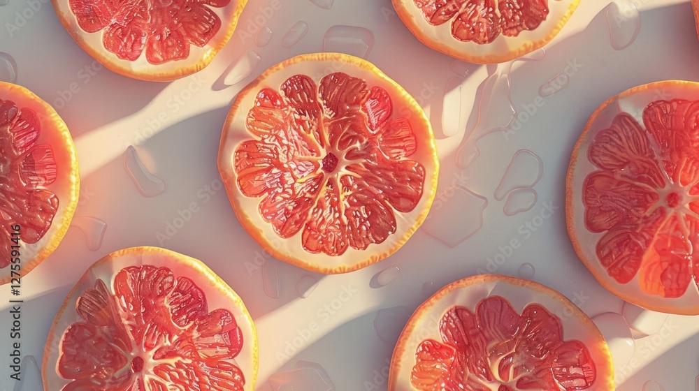 Poster vibrant red grapefruit slices arranged in a circular pattern against a light background, showcasing 