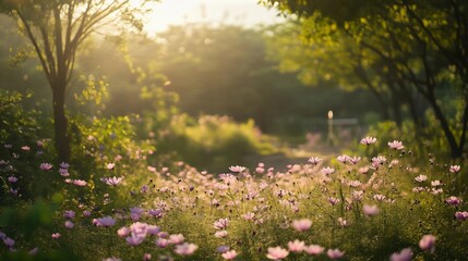 Obraz premium Sunlit path through field of pink cosmos flowers.