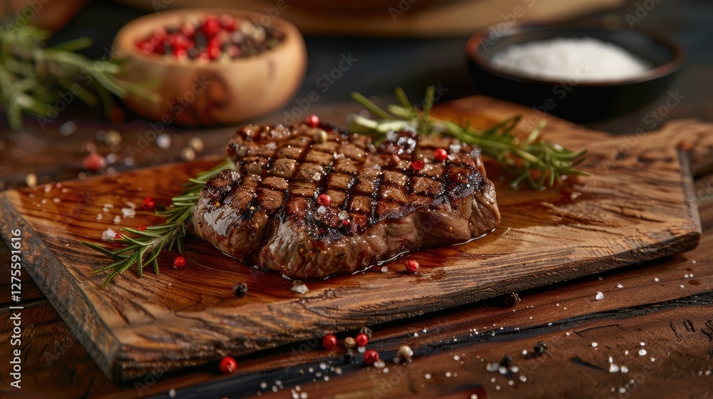 Poster grilled beef heart steak with a crosshatch pattern on a rustic wooden board adorned with pink pepper