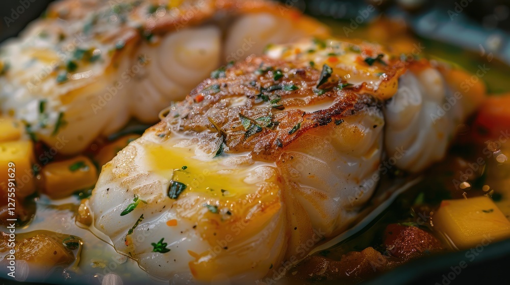 Poster deliciously cooked codfish fillets garnished with herbs and spices, presented in a vibrant colorful 