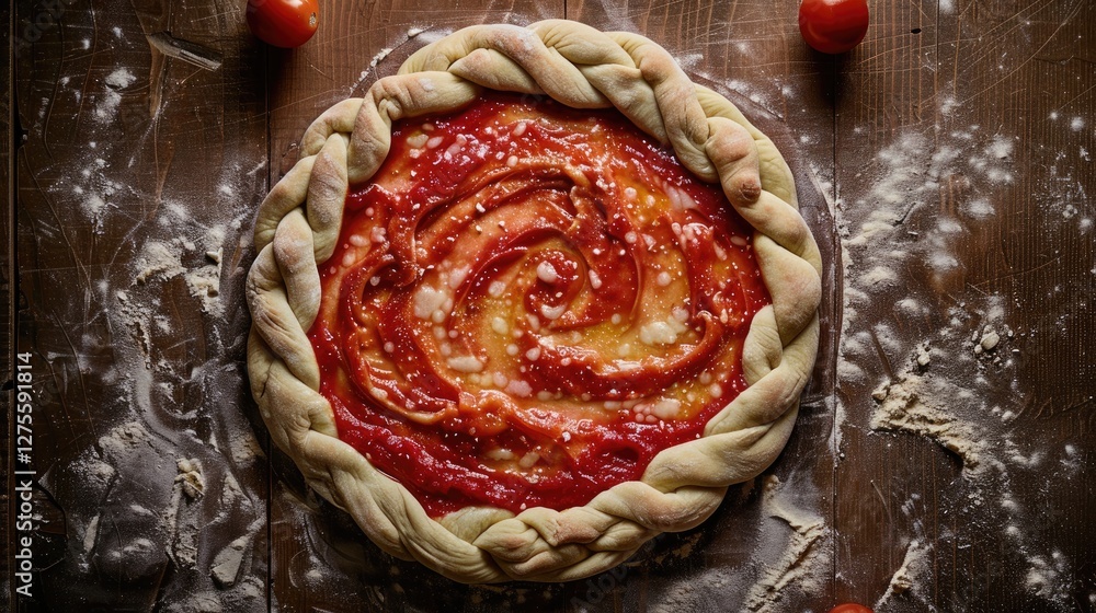 Poster braided pizza crust topped with tomato paste in a spiral pattern on a wooden surface with cherry tom