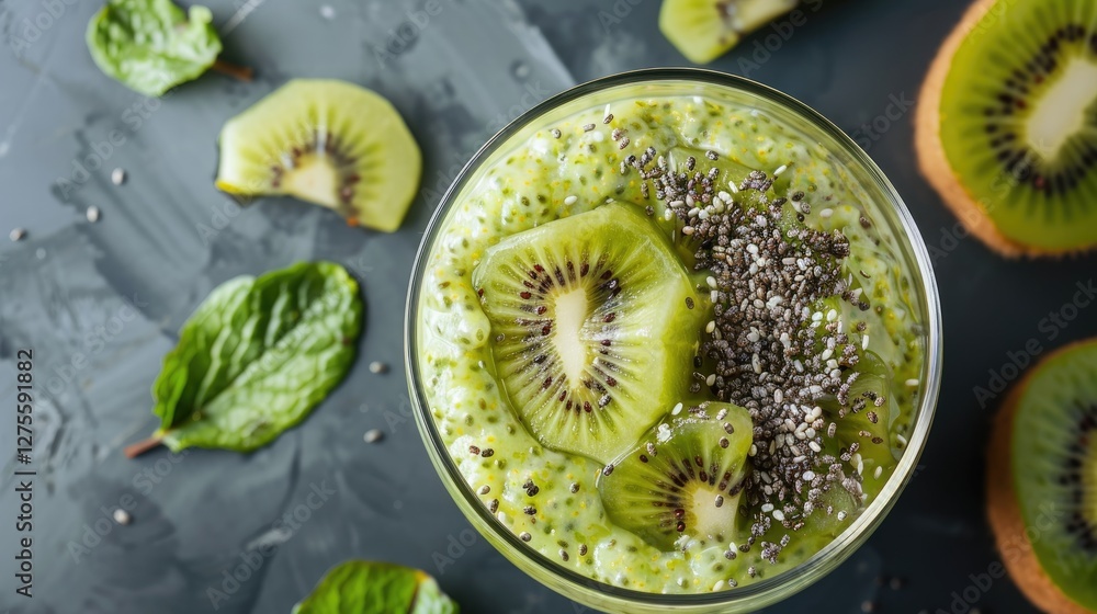 Aufkleber healthy matcha overnight oats with kiwi slices and chia seeds in glass on a terrazzo table featuring