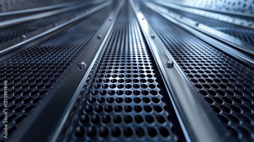 Fototapete abstract close-up of sleek metallic surface with perforated holes, reflecting light, emphasizing dep