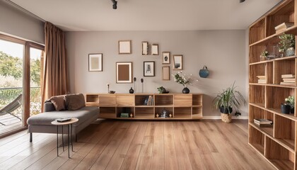 Rustic Elegance Cozy Wooden Living Room, Adorned with Shelf and Eclectic Decoration, Boasting Posters on the Wall A Timeless Space Exuding Warmth and Character.