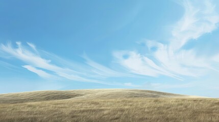 Obraz premium Minimalistic landscape of rolling stubble hills under a clear blue sky with soft white clouds in a serene spring atmosphere.