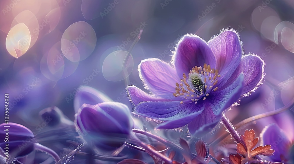 Poster close up of purple pasqueflower with soft bokeh background showcasing petals illuminated by sunlight