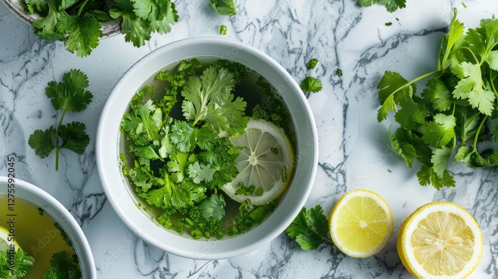 Poster cilantro lemon soup in white bowl on marble background garnished with fresh green coriander and lemo