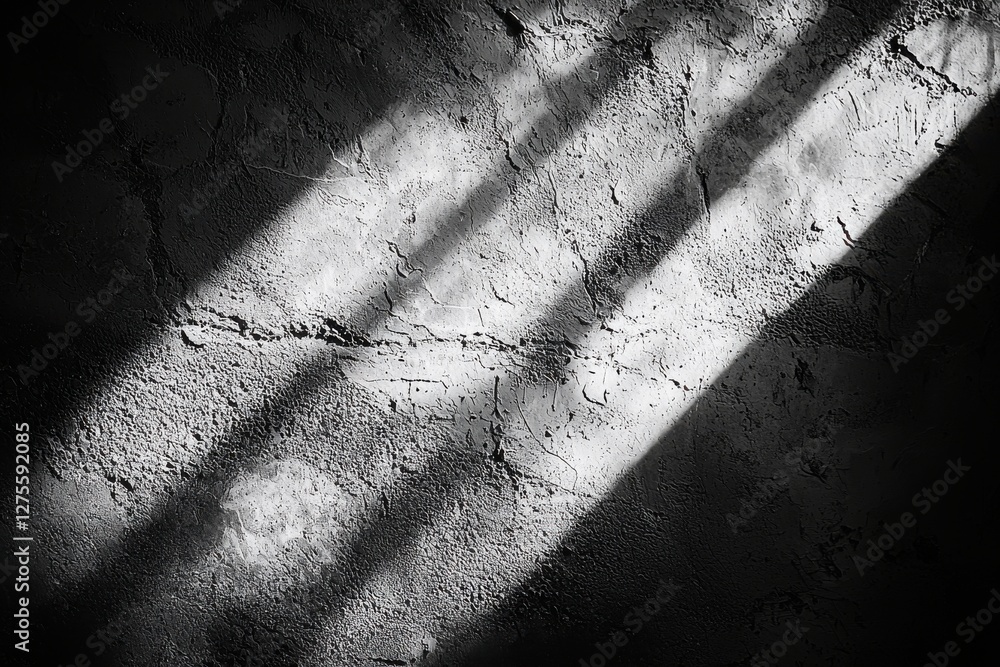 Poster abstract black and white image of sunlight streaming across a textured wall, creating a striking con
