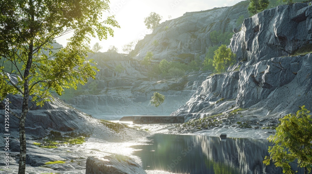 Poster sunlit quarry landscape with reflections in calm water, surrounded by rocky cliffs and sparse greene