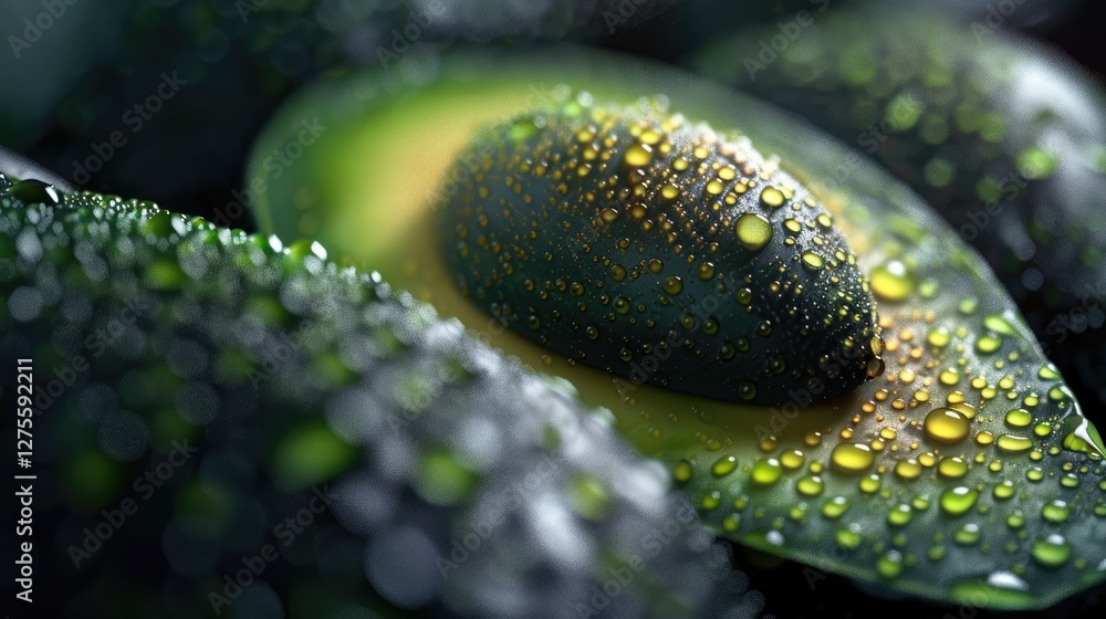 Poster close up of fresh avocado with vibrant green and yellow hues enhanced by water droplets, showcasing 