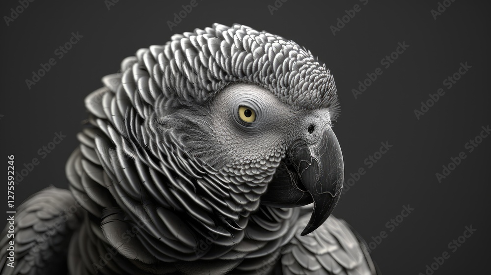 Poster Detailed close-up of a majestic African gray parrot with intricate gray feathers set against a smooth dark background showcasing its sharp beak and intelligent gaze.