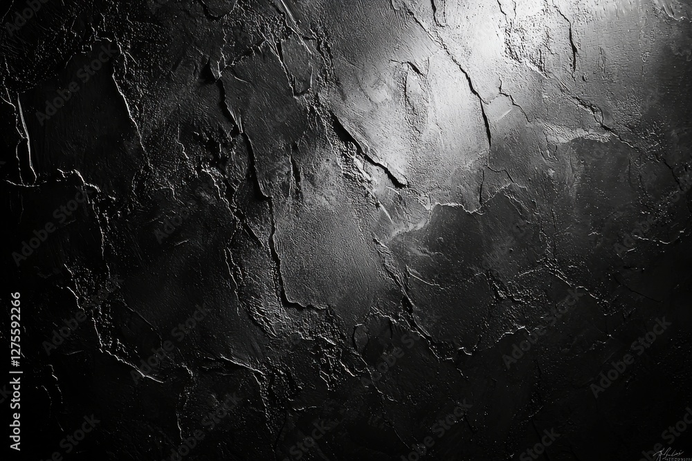 Poster dark and dramatic monochrome wall texture with striking light and shadow, creating an abstract desig