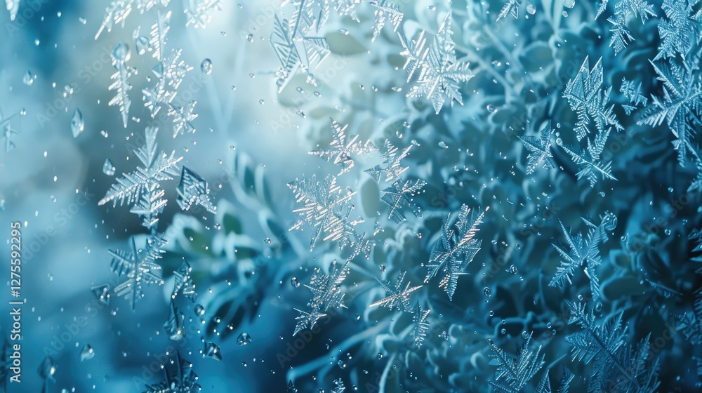 Leinwandbilder close-up of intricate ice crystals on a window with a bluish background, showcasing delicate snowfla