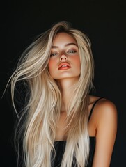 Naklejka premium Glamorous blonde woman with long voluminous hair and sensual expression wearing black top in high-fashion beauty portrait