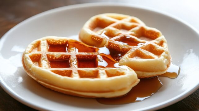 Two Heart-Shaped Waffles Drizzled with Maple Syrup on a Plate - Powered by Adobe